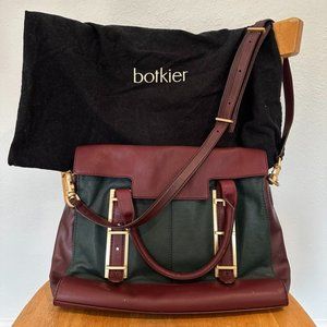 Botkier dark green and cognac leather satchel with black dust bag